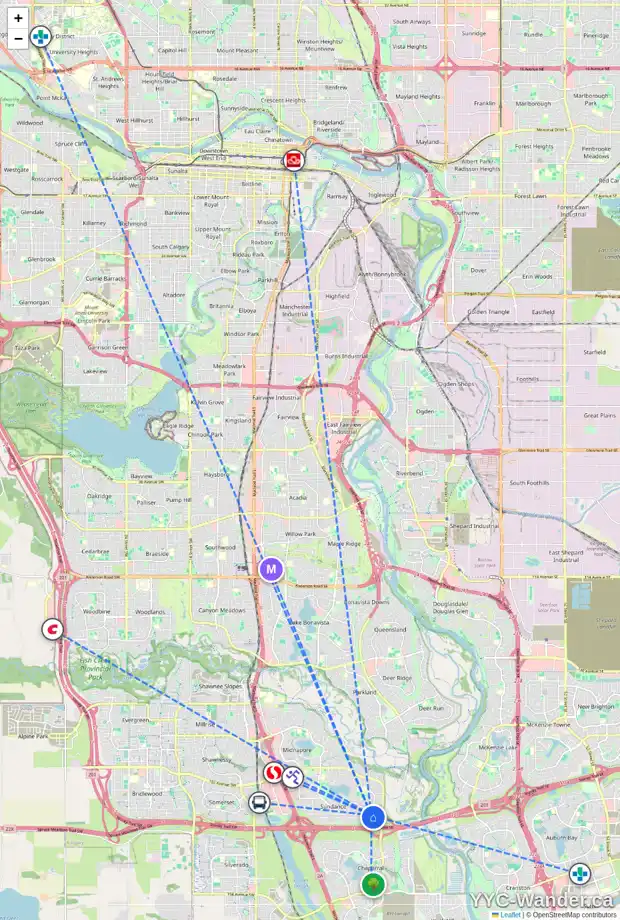 Daily accessibility map for 83 SUN HARBOUR WY SE, Calgary showing nearby schools, grocery stores, parks, LRT stations and nearby amenities