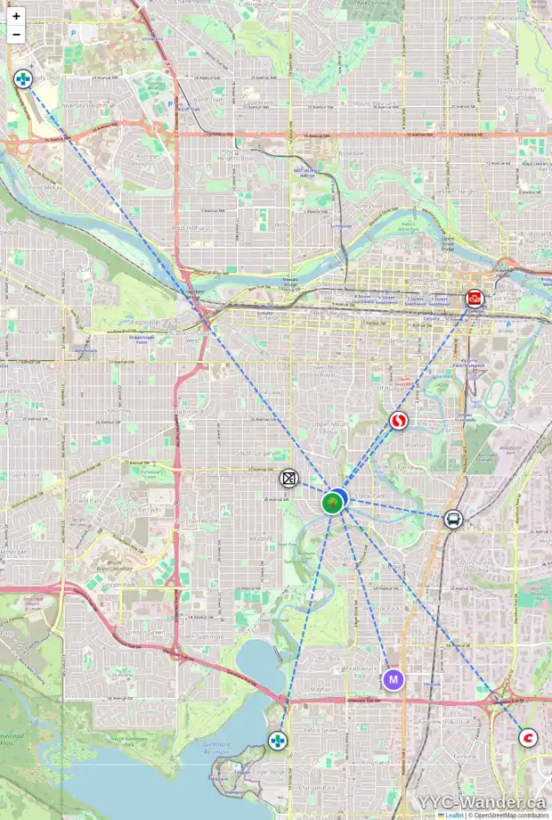 Daily accessibility map for 3835 8A ST SW, Calgary showing nearby schools, grocery stores, parks, LRT stations and nearby amenities
