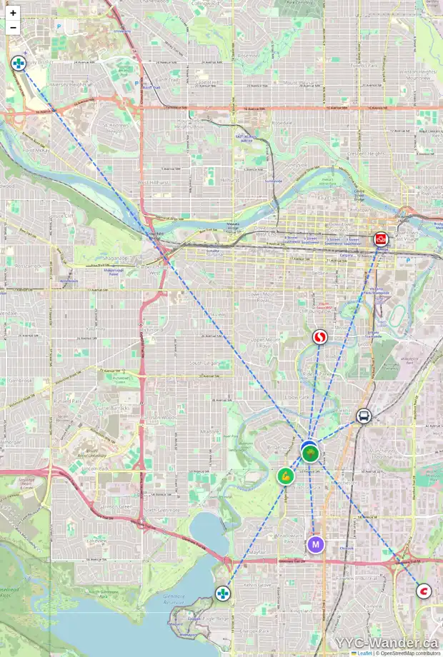 Daily accessibility map for 4612 5 ST SW, Calgary showing nearby schools, grocery stores, parks, LRT stations and nearby amenities