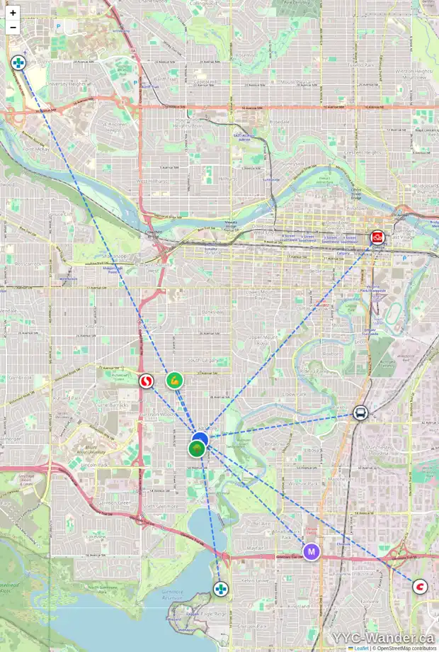 Daily accessibility map for 4524 17 ST SW, Calgary showing nearby schools, grocery stores, parks, LRT stations and nearby amenities