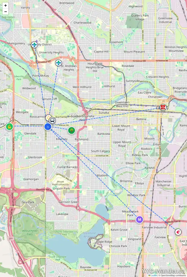 Daily accessibility map for 1911 36 ST SW, Calgary showing nearby schools, grocery stores, parks, LRT stations and nearby amenities