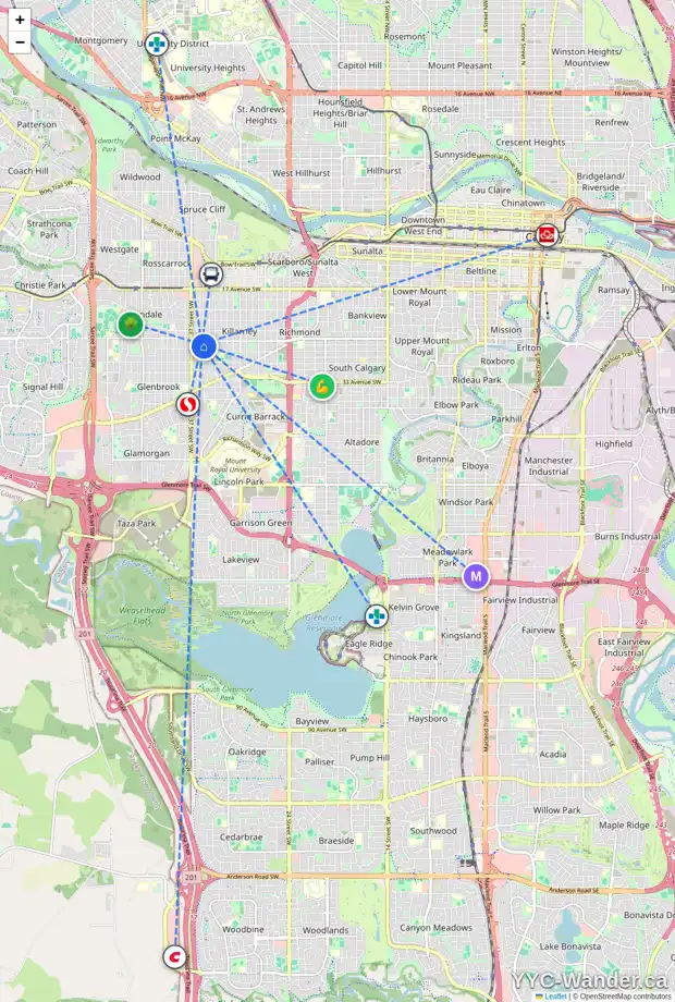 Daily accessibility map for 2811 35 ST SW, Calgary showing nearby schools, grocery stores, parks, LRT stations and nearby amenities