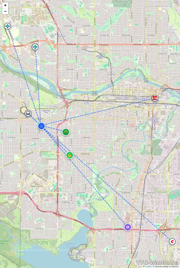 Daily accessibility map for 2029 28 ST SW, Calgary showing nearby schools, grocery stores, parks, LRT stations and nearby amenities