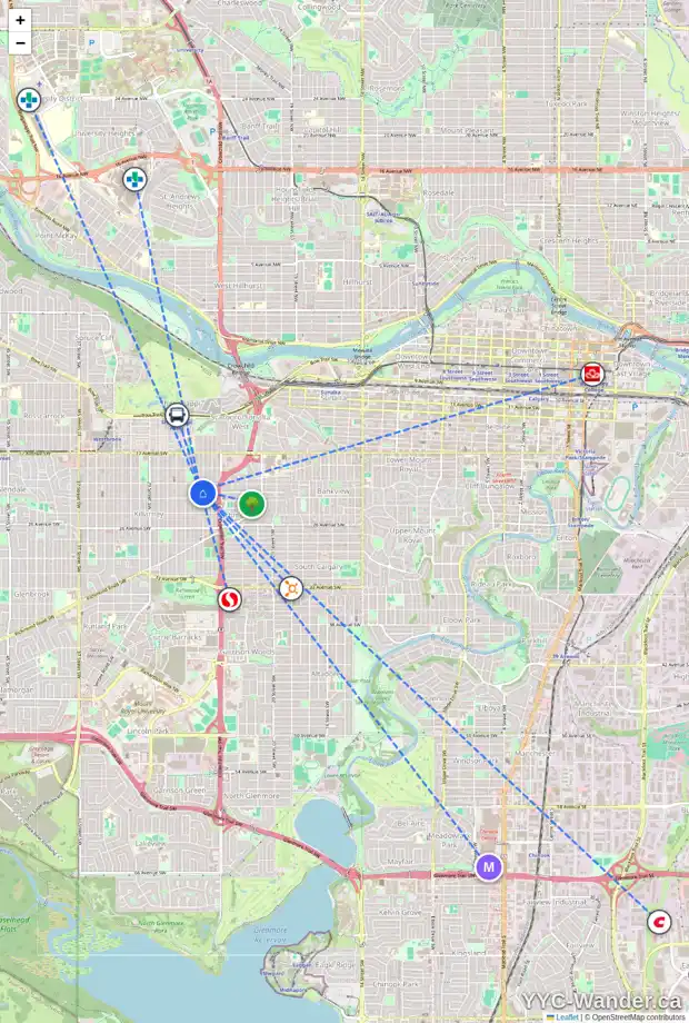 Daily accessibility map for 2225 25 ST SW, Calgary showing nearby schools, grocery stores, parks, LRT stations and nearby amenities