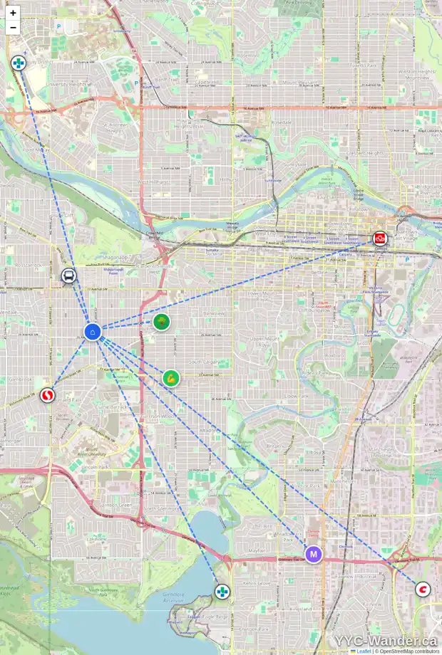 Daily accessibility map for 2610 30 ST SW, Calgary showing nearby schools, grocery stores, parks, LRT stations and nearby amenities
