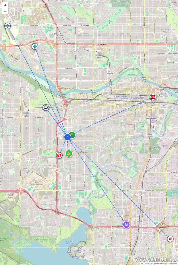 Daily accessibility map for 2710 21 ST SW, Calgary showing nearby schools, grocery stores, parks, LRT stations and nearby amenities