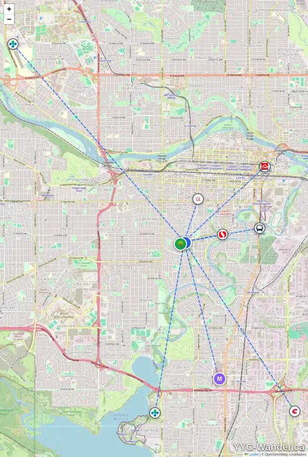 Daily accessibility map for 2714 10 ST SW, Calgary showing nearby schools, grocery stores, parks, LRT stations and nearby amenities