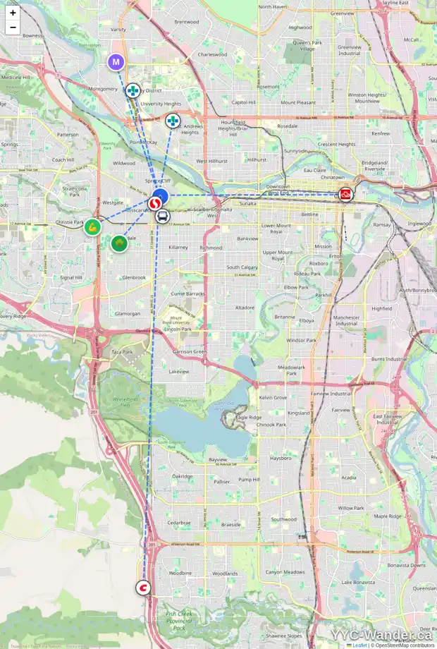 Daily accessibility map for 3519 7 AV SW, Calgary showing nearby schools, grocery stores, parks, LRT stations and nearby amenities