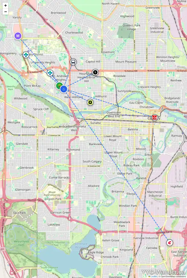 Daily accessibility map for 2642 7 AV NW, Calgary showing nearby schools, grocery stores, parks, LRT stations and nearby amenities