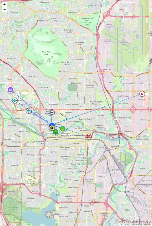 Daily accessibility map for 1921 3 AV NW, Calgary showing nearby schools, grocery stores, parks, LRT stations and nearby amenities