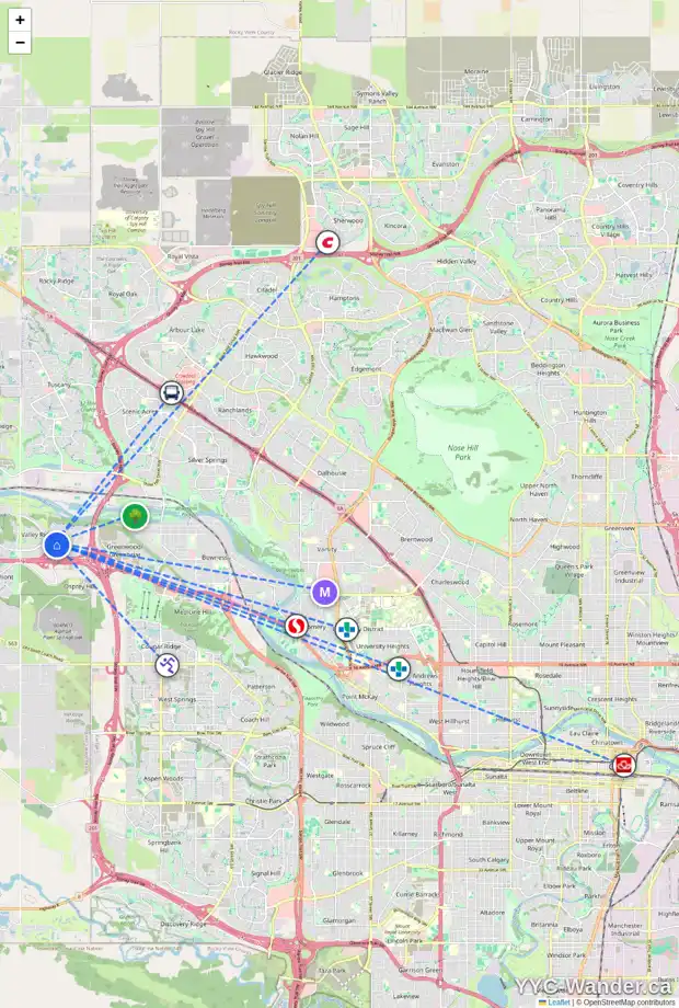 Daily accessibility map for 11216 VALLEY RIDGE DR NW, Calgary showing nearby schools, grocery stores, parks, LRT stations and nearby amenities