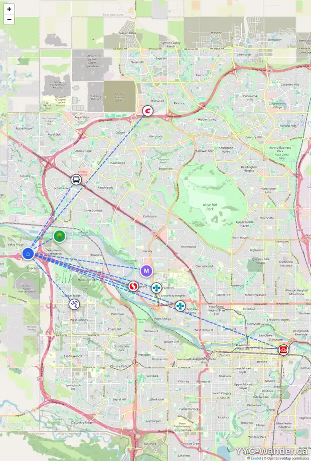 Daily accessibility map for 84 VALLEY MEADOW CL NW, Calgary showing nearby schools, grocery stores, parks, LRT stations and nearby amenities