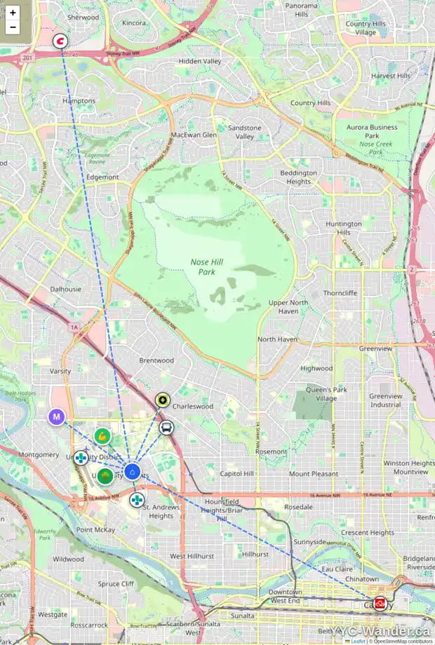 Daily accessibility map for 2232 UXBRIDGE DR NW, Calgary showing nearby schools, grocery stores, parks, LRT stations and nearby amenities