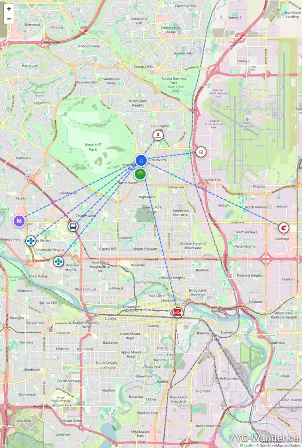 Daily accessibility map for 119 THAMES CL NW, Calgary showing nearby schools, grocery stores, parks, LRT stations and nearby amenities