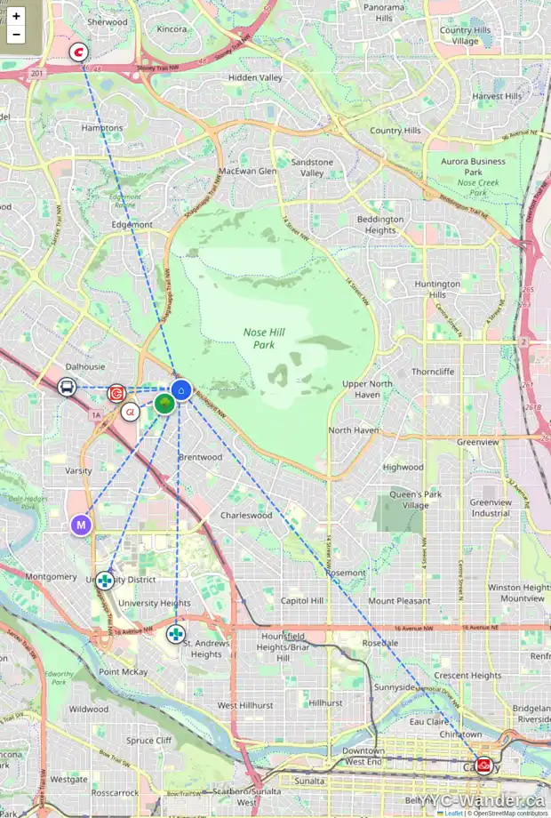 Daily accessibility map for 3343 BRETON CL NW, Calgary showing nearby schools, grocery stores, parks, LRT stations and nearby amenities