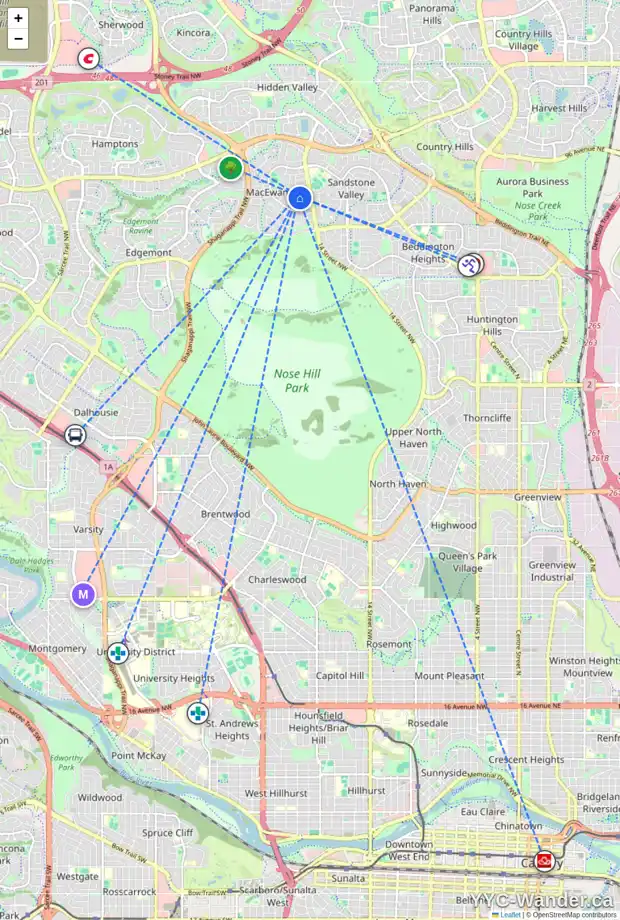 Daily accessibility map for 32 MACEWAN PARK LI NW, Calgary showing nearby schools, grocery stores, parks, LRT stations and nearby amenities