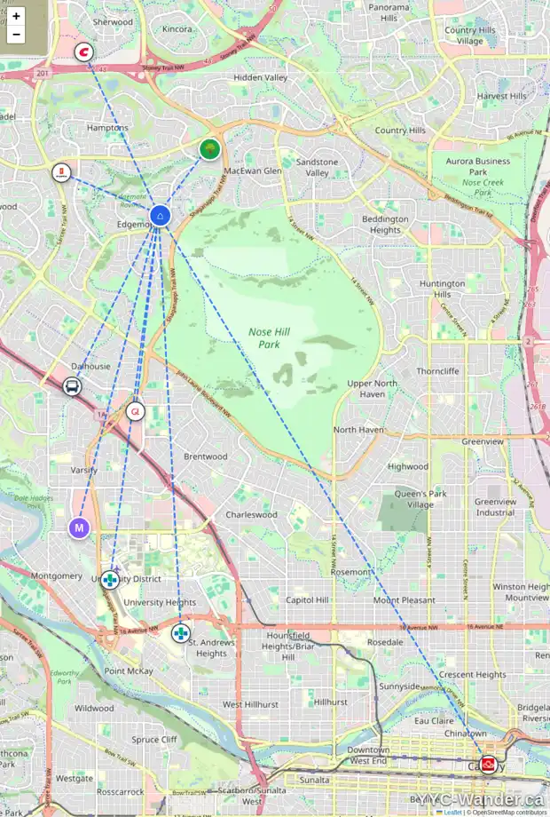 Daily accessibility map for 58 EDGEBANK CI NW, Calgary showing nearby schools, grocery stores, parks, LRT stations and nearby amenities