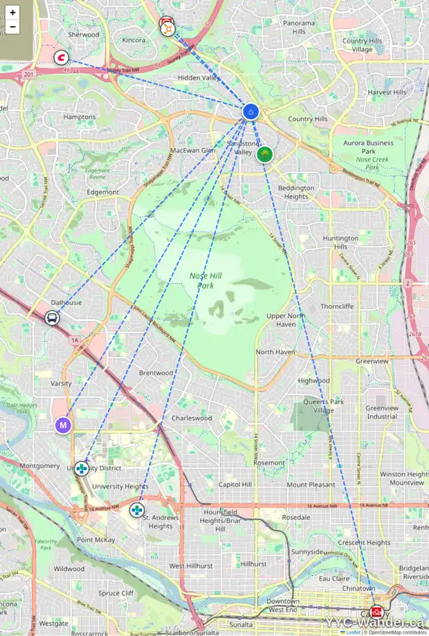 Daily accessibility map for 104 HIDDEN VALLEY PL NW, Calgary showing nearby schools, grocery stores, parks, LRT stations and nearby amenities
