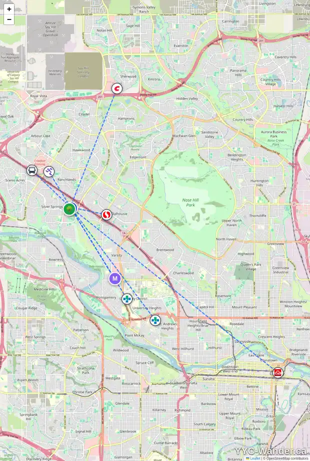 Daily accessibility map for 268 SILVER BROOK WY NW, Calgary showing nearby schools, grocery stores, parks, LRT stations and nearby amenities