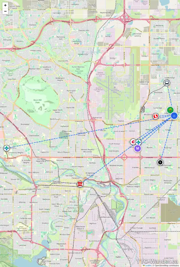 Daily accessibility map for 276 FALLSWATER RD NE, Calgary showing nearby schools, grocery stores, parks, LRT stations and nearby amenities