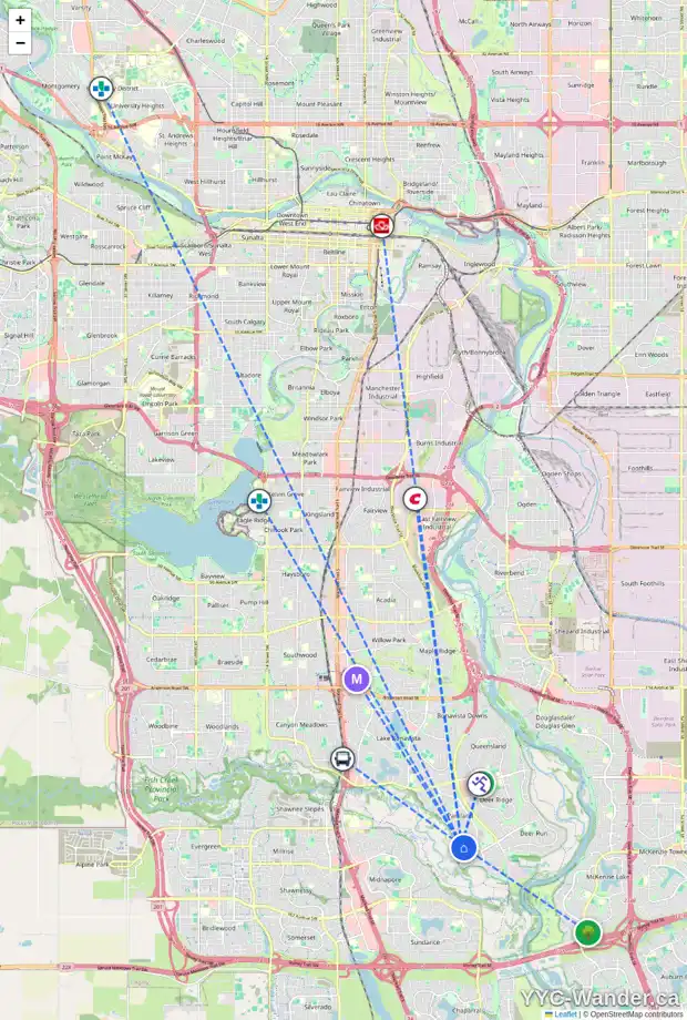Daily accessibility map for 243 PARKVALLEY DR SE, Calgary showing nearby schools, grocery stores, parks, LRT stations and nearby amenities