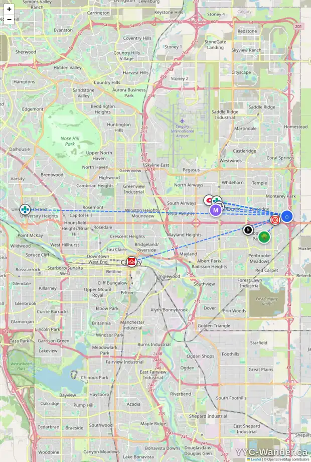 Daily accessibility map for 23 DEL RAY CR NE, Calgary showing nearby schools, grocery stores, parks, LRT stations and nearby amenities