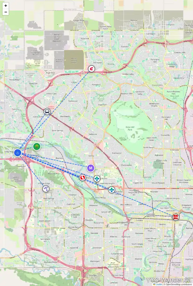 Daily accessibility map for 85 VALLEY MEADOW GD NW, Calgary showing nearby schools, grocery stores, parks, LRT stations and nearby amenities