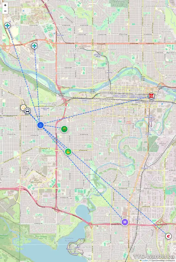 Daily accessibility map for 1 2205 28 ST SW, Calgary showing nearby schools, grocery stores, parks, LRT stations and nearby amenities