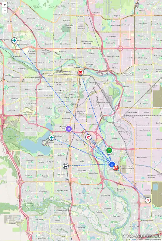 Daily accessibility map for 325 RIVERVIEW CI SE, Calgary showing nearby schools, grocery stores, parks, LRT stations and nearby amenities