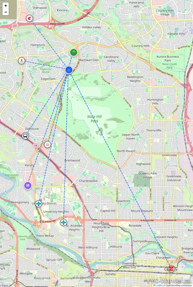 Daily accessibility map for 108 EDGEBROOK RI NW, Calgary showing nearby schools, grocery stores, parks, LRT stations and nearby amenities