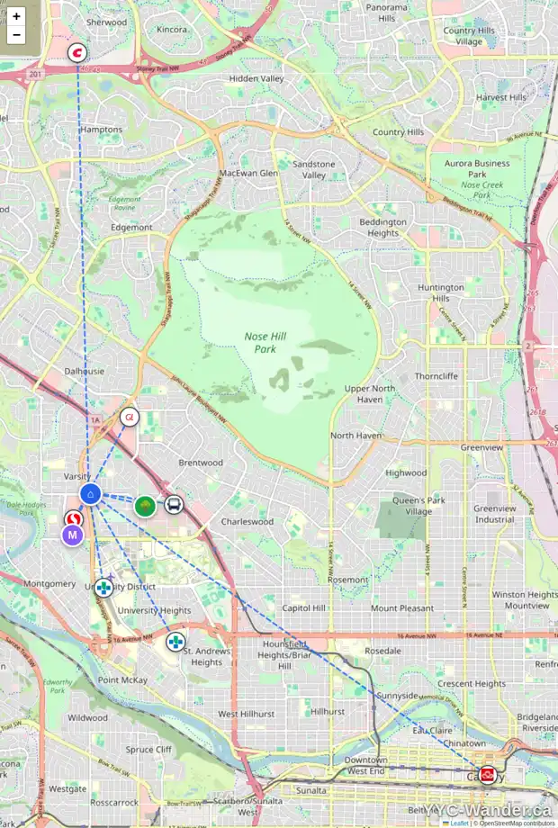 Daily accessibility map for 4256 40 AV NW, Calgary showing nearby schools, grocery stores, parks, LRT stations and nearby amenities