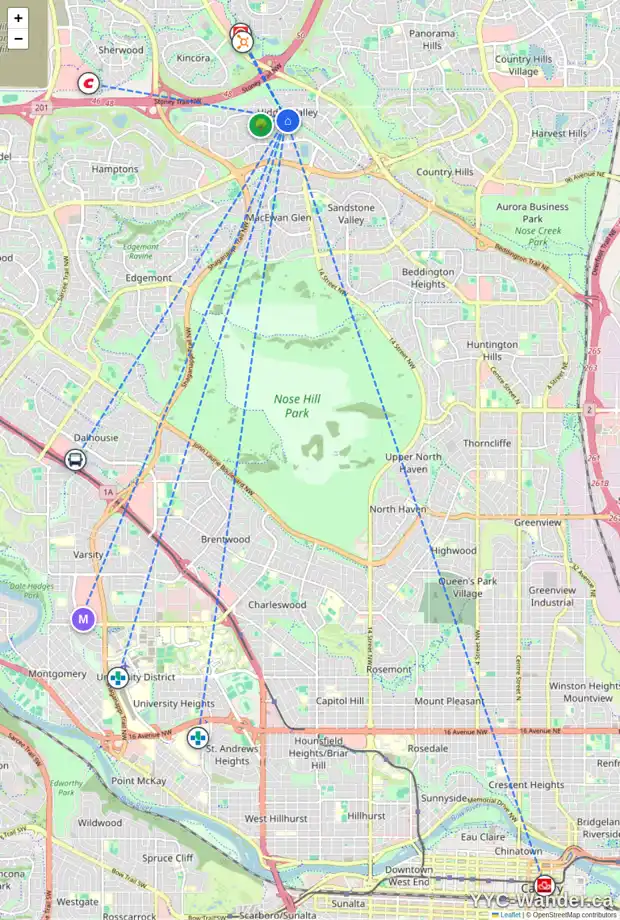 Daily accessibility map for 18 HIDDEN RIDGE BA NW, Calgary showing nearby schools, grocery stores, parks, LRT stations and nearby amenities