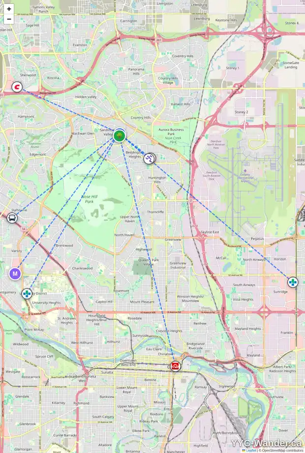 Daily accessibility map for 105 SANDPIPER LN NW, Calgary showing nearby schools, grocery stores, parks, LRT stations and nearby amenities