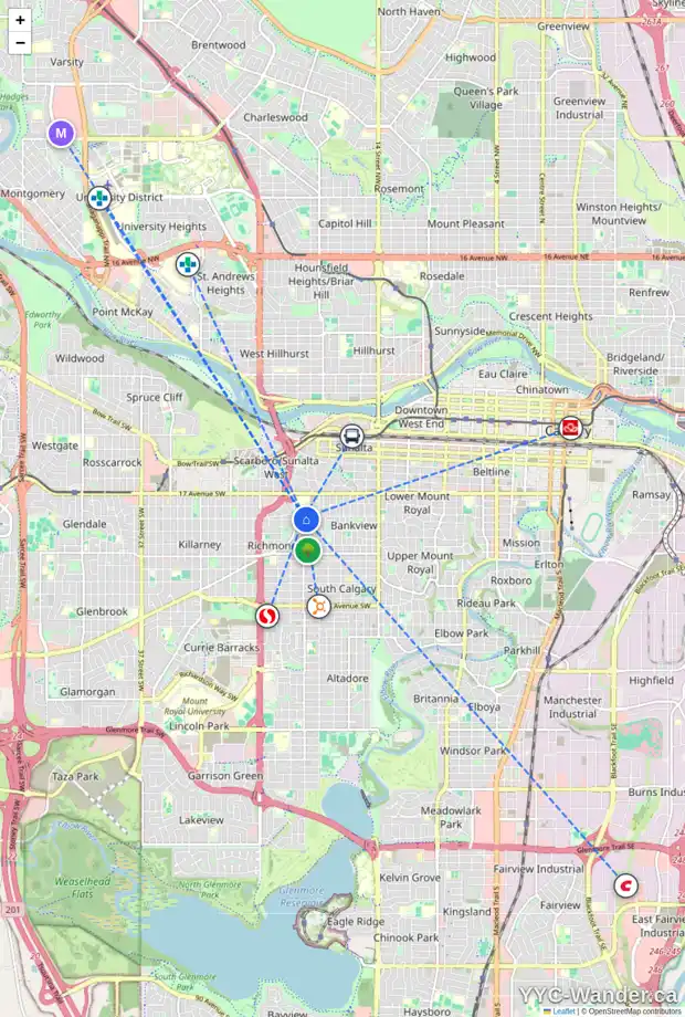 Daily accessibility map for 2106 21 AV SW, Calgary showing nearby schools, grocery stores, parks, LRT stations and nearby amenities