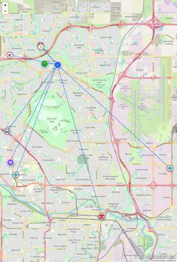 Daily accessibility map for 153 HIDDEN VALLEY GV NW, Calgary showing nearby schools, grocery stores, parks, LRT stations and nearby amenities