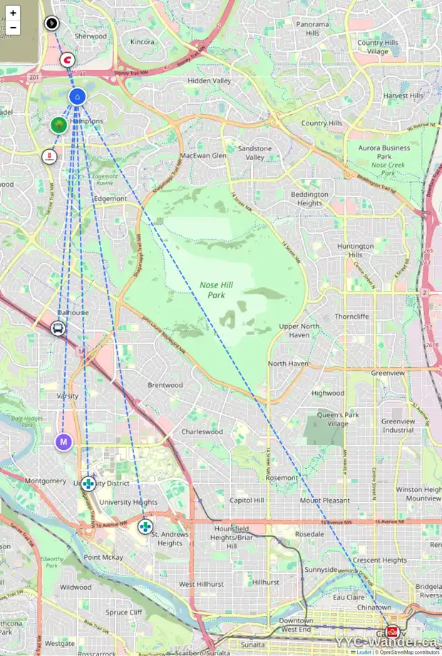 Daily accessibility map for 22 HAMPTONS CL NW, Calgary showing nearby schools, grocery stores, parks, LRT stations and nearby amenities