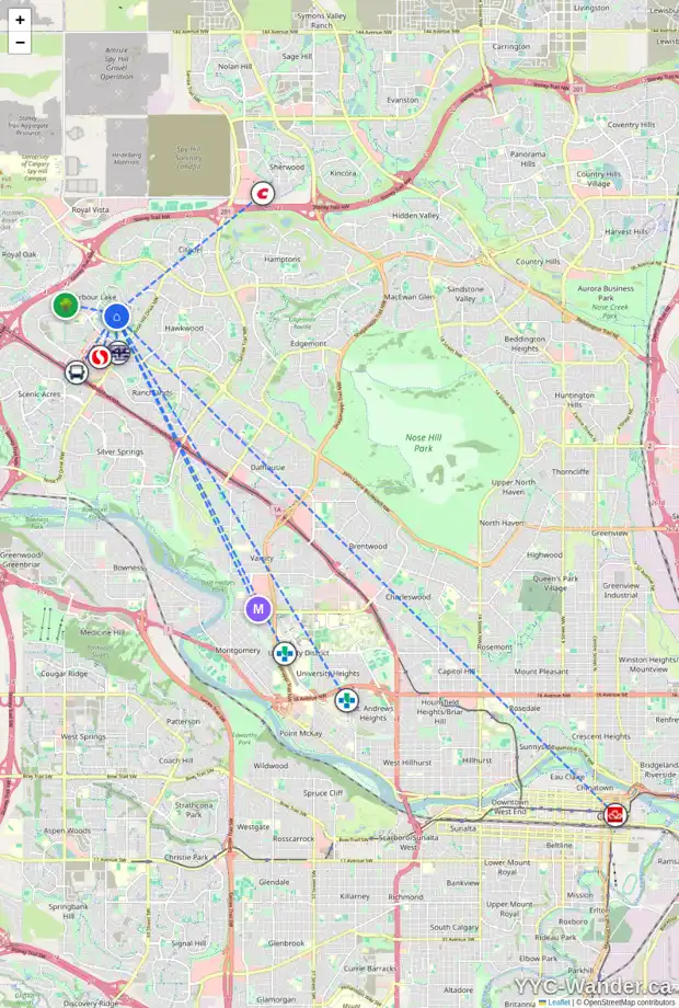 Daily accessibility map for 73 ARBOUR VISTA RD NW, Calgary showing nearby schools, grocery stores, parks, LRT stations and nearby amenities