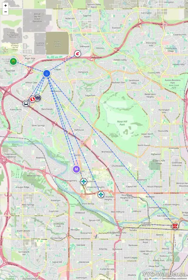 Daily accessibility map for 52 ARBOUR RIDGE CL NW, Calgary showing nearby schools, grocery stores, parks, LRT stations and nearby amenities