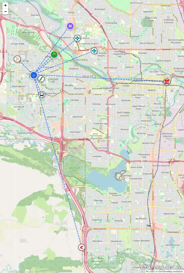 Daily accessibility map for 10 STRATHRIDGE GV SW, Calgary showing nearby schools, grocery stores, parks, LRT stations and nearby amenities