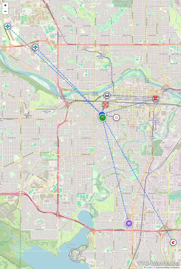 Daily accessibility map for 601 1236 15 AV SW, Calgary showing nearby schools, grocery stores, parks, LRT stations and nearby amenities