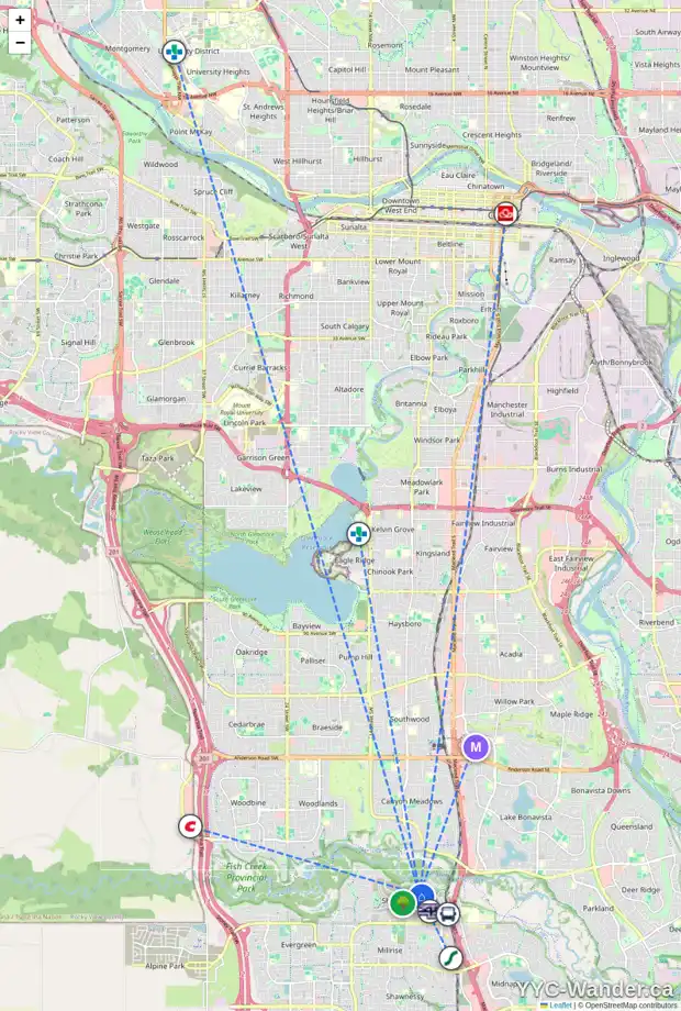 Daily accessibility map for 800 SHAWNEE DR SW, Calgary showing nearby schools, grocery stores, parks, LRT stations and nearby amenities