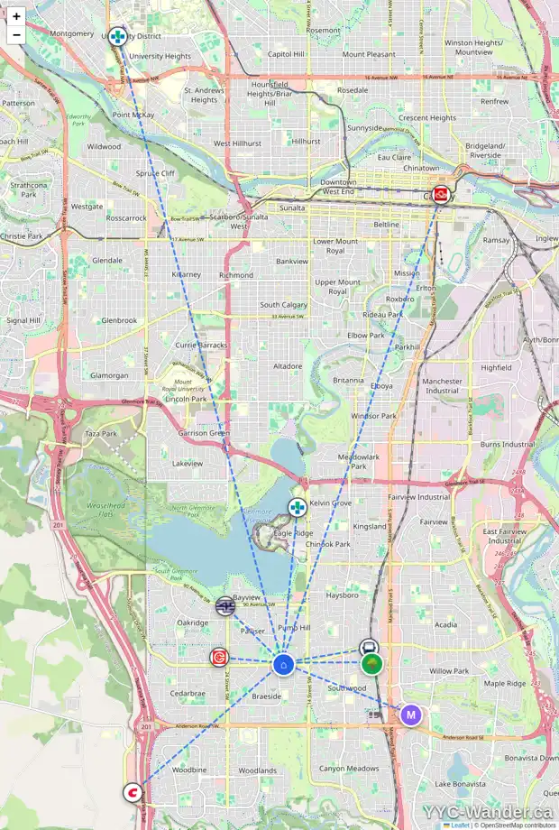 Daily accessibility map for 203 PUMP HILL CR SW, Calgary showing nearby schools, grocery stores, parks, LRT stations and nearby amenities