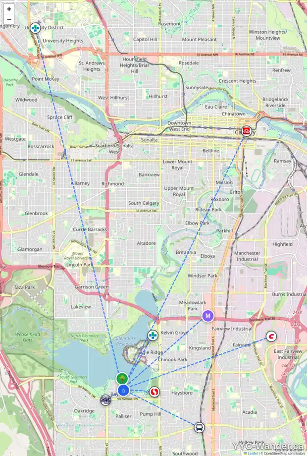 Daily accessibility map for 8932 BAY RIDGE DR SW, Calgary showing nearby schools, grocery stores, parks, LRT stations and nearby amenities