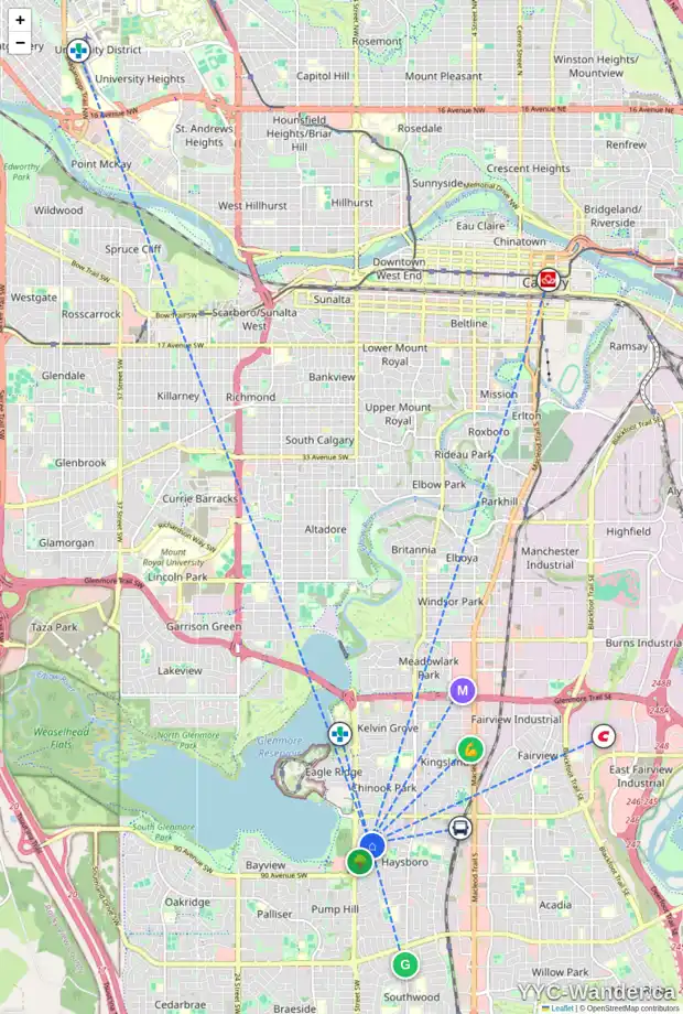 Daily accessibility map for 1332 87 AV SW, Calgary showing nearby schools, grocery stores, parks, LRT stations and nearby amenities