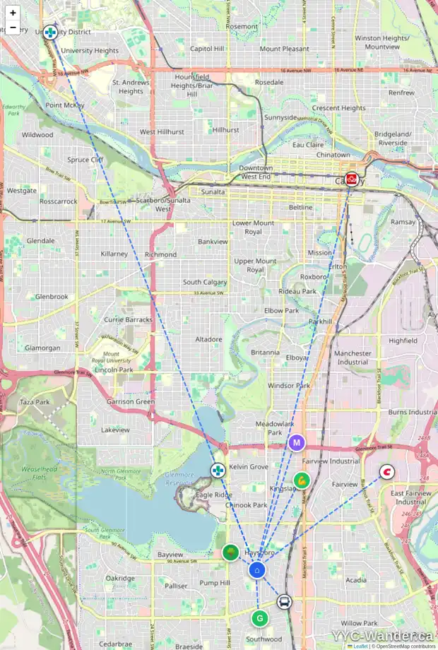 Daily accessibility map for 100 HILLARY CR SW, Calgary showing nearby schools, grocery stores, parks, LRT stations and nearby amenities