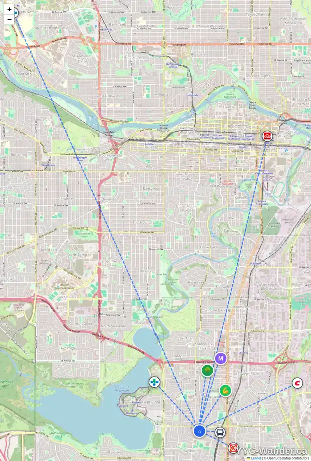 Daily accessibility map for 8419 7 ST SW, Calgary showing nearby schools, grocery stores, parks, LRT stations and nearby amenities