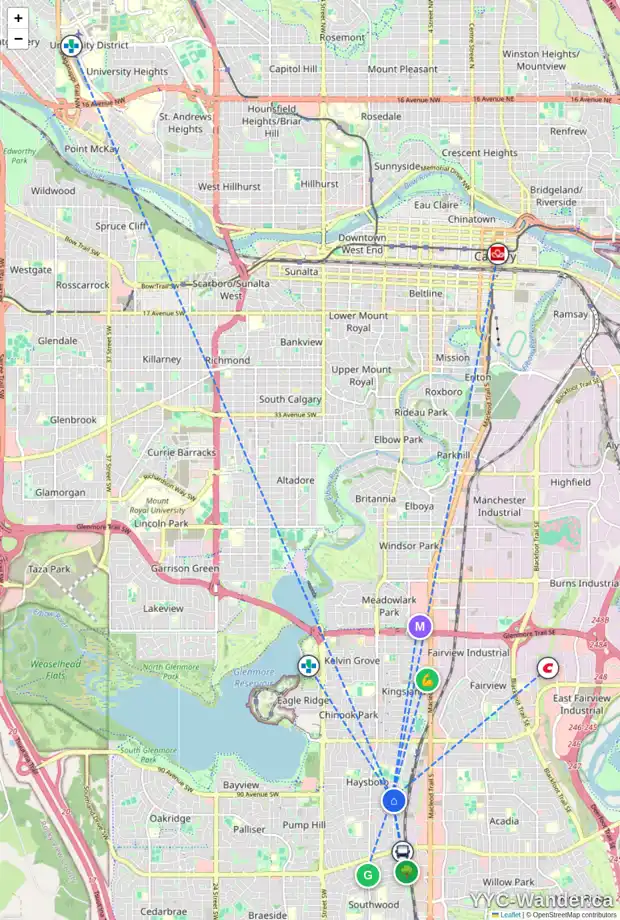 Daily accessibility map for 63 HARROW CR SW, Calgary showing nearby schools, grocery stores, parks, LRT stations and nearby amenities