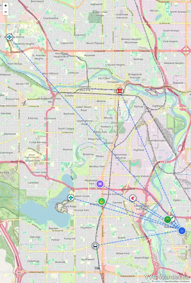 Daily accessibility map for 128 RIVERSTONE CR SE, Calgary showing nearby schools, grocery stores, parks, LRT stations and nearby amenities