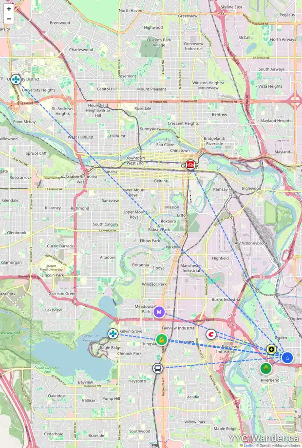 Daily accessibility map for 7835 22 ST SE, Calgary showing nearby schools, grocery stores, parks, LRT stations and nearby amenities
