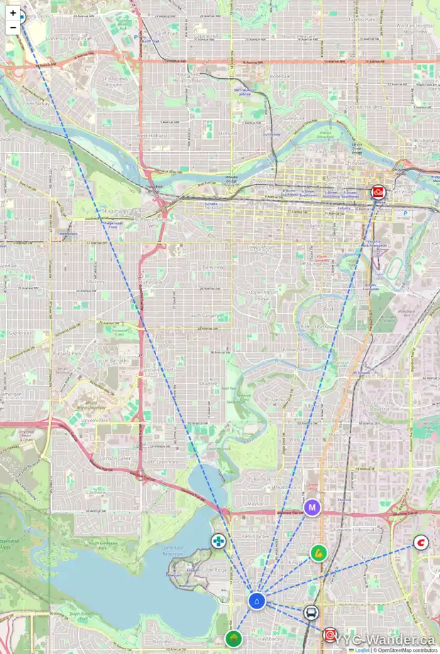 Daily accessibility map for 8227 10 ST SW, Calgary showing nearby schools, grocery stores, parks, LRT stations and nearby amenities